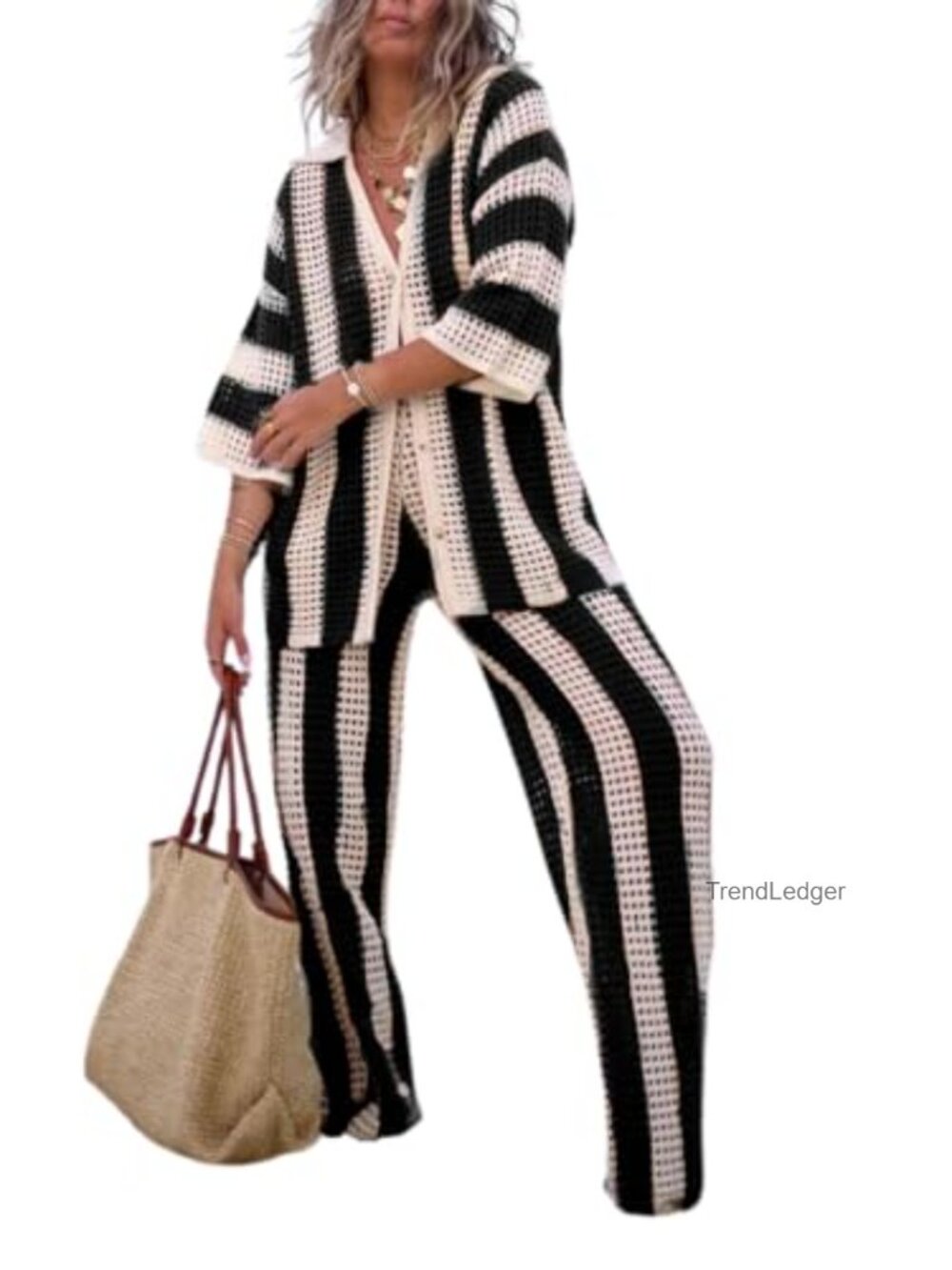 Crochet Cover Up Set Button Down Top Wide Leg Pants 2 Piece Vacation Outfit